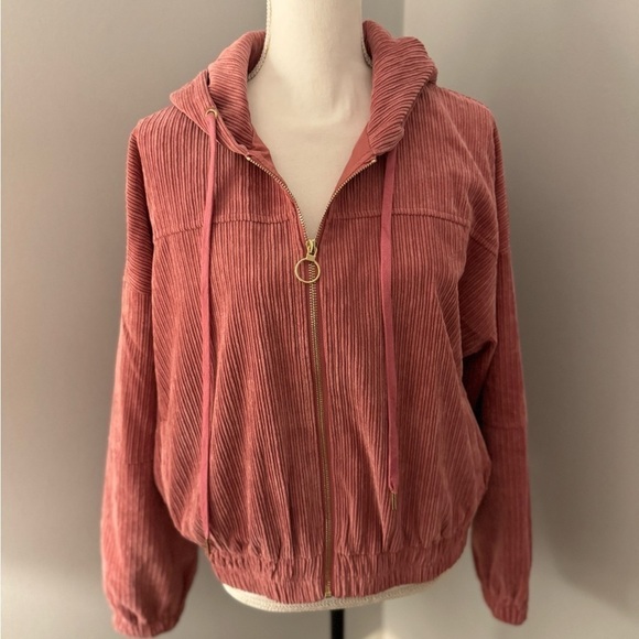 Trendy Cropped Bomber Jacket by Allie Rose corduroy dusty rose color size Large - Picture 1 of 9